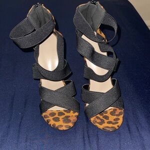 Aldo Black and Leopard Print Strappy Heels